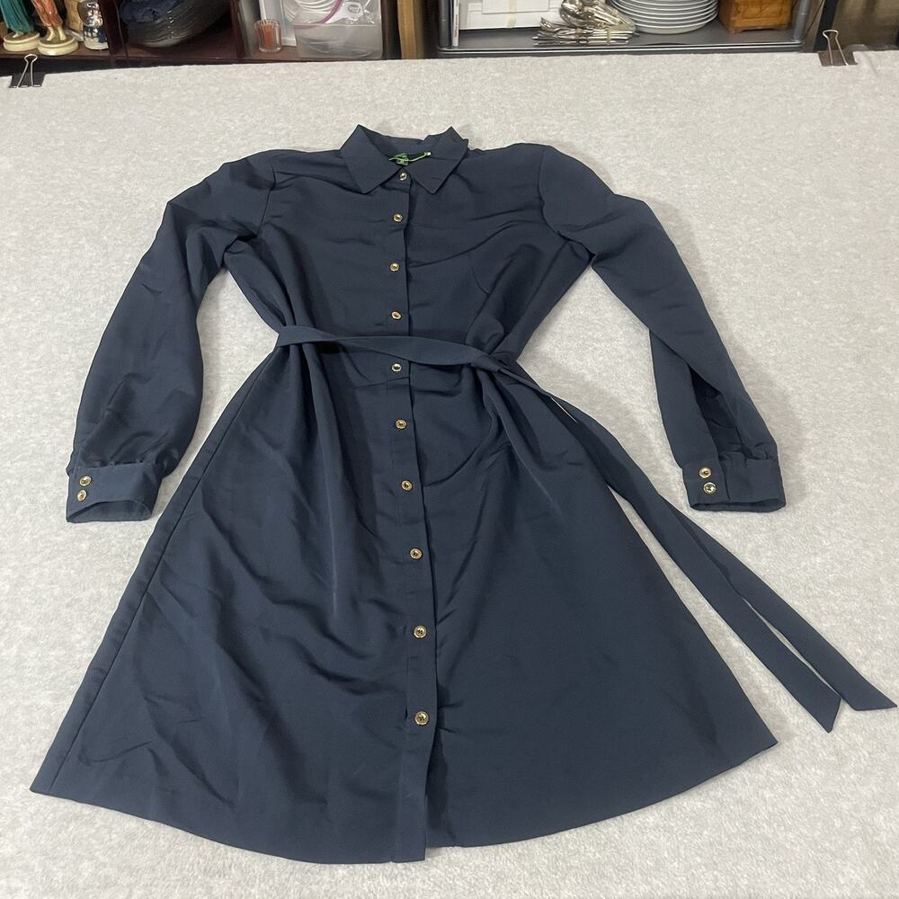 C. Wonder Sz 6 Navy Blue Collared Shirt Dress Button Front With Tie Long Sleeve